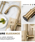 Sharp Looking Champagne Gold Kitchen Faucet With Pull Down Sprayer And Single Handle Mixer Designed For No Sweat Installation And A Classy Vibe In Your Kitchen - top view on marble countertop.