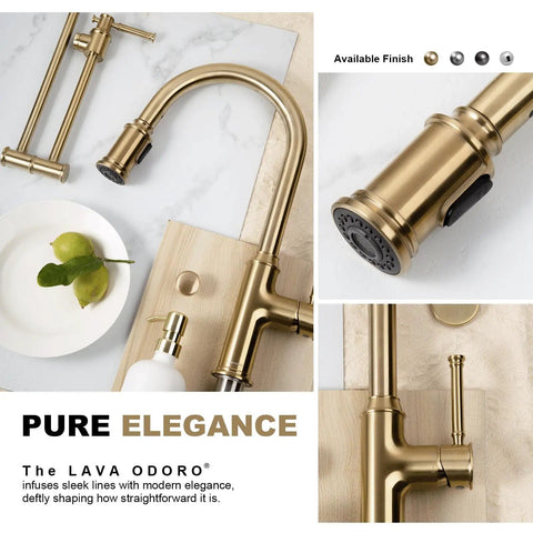 Sharp Looking Champagne Gold Kitchen Faucet With Pull Down Sprayer And Single Handle Mixer Designed For No Sweat Installation And A Classy Vibe In Your Kitchen - top view on marble countertop.
