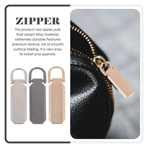 Heavy Duty Metal Zipper Pull Tabs Replacement Set With Super Straightforward Tool Free Install For Jacket Fixes Clothing Repairs And Gear Upgrades In A Compact 12 Piece Pack That Gives You Zero Sweat Quick Repairs Every Single Time, featuring three zipper pulls in gold, silver, and black alloy.