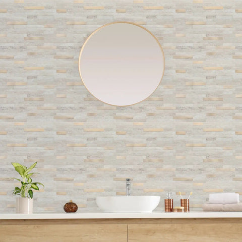 Bathroom with Peel And Stick Backsplash Tiles For Kitchen Beige With Metal Gold Finish 5 Sheets PVC Composite Heavy Duty Adhesive