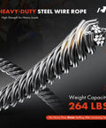 Heavy-duty steel wire rope with 264 lbs weight capacity, showcasing high strength for heavy loads.