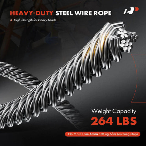 Heavy-duty steel wire rope with 264 lbs weight capacity, showcasing high strength for heavy loads.