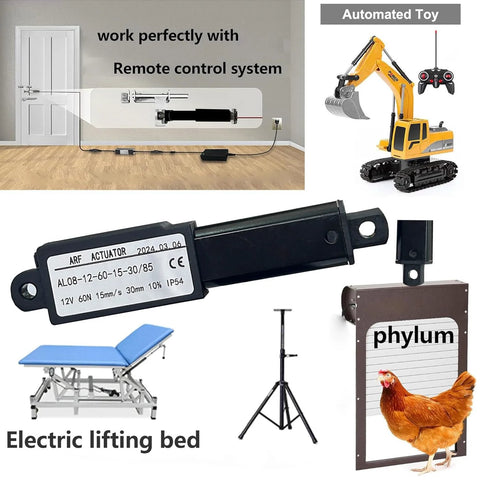 URANT mini 12V electric linear actuator with mounting bracket and switch; 60N, 15mm/s, IP54