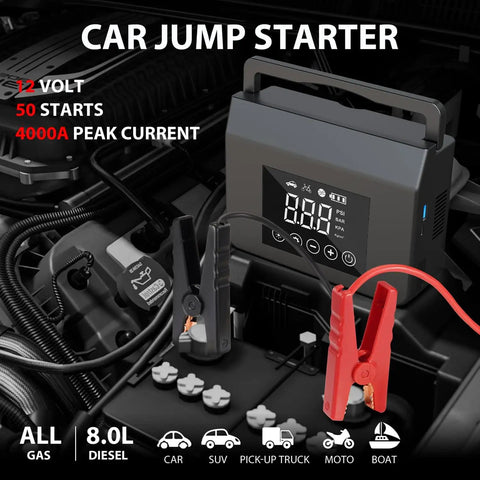 Beefy 4000A Jump Starter With Air Compressor For Cars And Trucks Up To 8L Diesel Gas 150 PSI Tire Inflator 12V Jump Power Bank