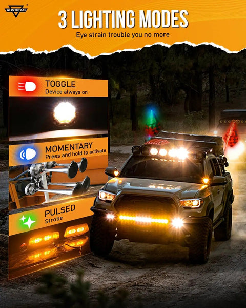 Offroad truck with Beefed Up Eight Gang Switch Panel With RGB Backlight Momentary Pulsed Toggle Dimmable Lighting