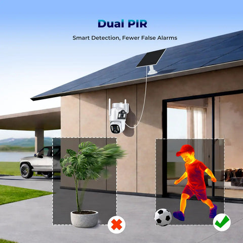 Solar Wireless Outdoor Security Camera System with Dual Lens 360 Degree Coverage demonstrating smart detection on driveway.
