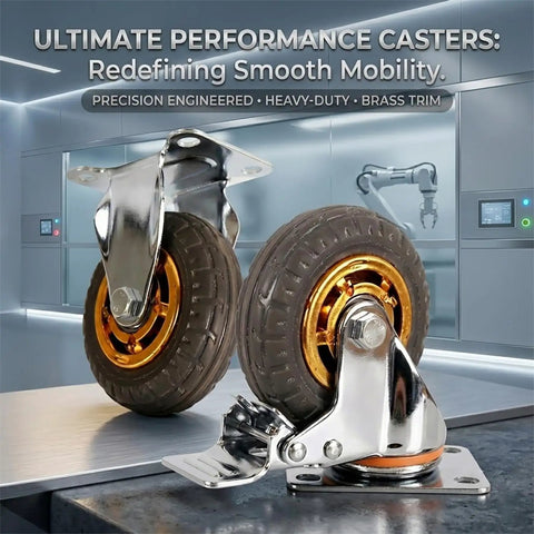 3 Inch Heavy Duty Caster Wheels Set Of Four, Premium Rubber Casters With Total Lock Brakes, Beefy Steel Plates For Furniture Cart And Workshop Gear, Roll Easy Go Far Performance, close-up of heavy-duty caster with gold trim.