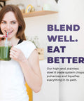 Woman drinking smoothie in kitchen with text 'Blend Well. Eat Better.' promoting Beast Pro Grade Countertop Blender With 3 HP 1800W Motor 64 Oz Jar Stainless Steel Blades Heavy Duty Commercial Kitchen Blender For Ice Crushing Smoothies Sauces And Hot Or Cold Blending 5 Year Warranty