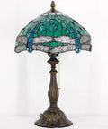 Tiffany Style Stained Glass Table Lamp With Green Dragonfly Shade, 12 Inch Shade And 19 Inch Tall Antique Bronze Reading Lamp