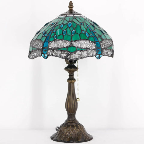 Tiffany Style Stained Glass Table Lamp With Green Dragonfly Shade, 12 Inch Shade And 19 Inch Tall Antique Bronze Reading Lamp
