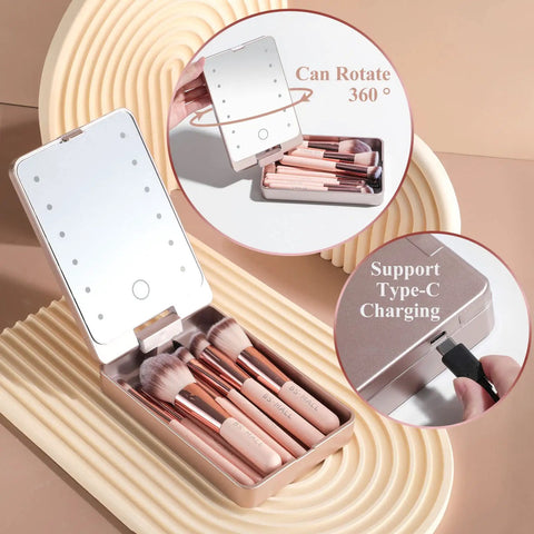APINK 14 Piece Mini Makeup Brush Set With LED Light Mirror Travel Case showing brushes and USB-C charging feature