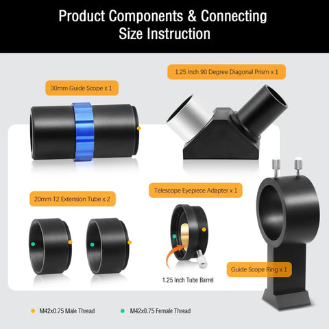 Mini Guide Scope 30mm Finder Kit for Deep Sky Astrophotography with component layout and connecting size instructions.
