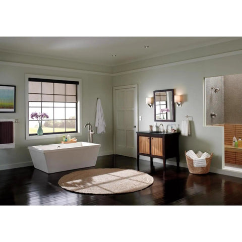 Modern bathroom with Trinsic 24 Inch Stainless Steel Double Wall Mount Towel Bar, sleek design near bathtub and vanity.