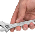 Twelve Inch Adjustable Wrench With Drop Forged Carbon Steel, Heat Treated, Satin Chrome Finish held in hand showing details.