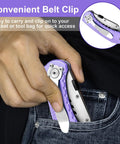 Purple Vickay folding utility knife with aluminum handle and belt clip in jeans pocket; side view inset