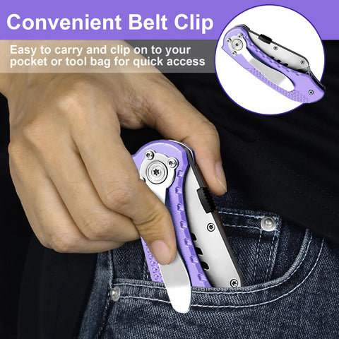 Purple Vickay folding utility knife with aluminum handle and belt clip in jeans pocket; side view inset