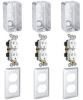 Heavy Duty 2x4 Utility Electrical Outlet Box Kit With Metal Enclosure, 20 Amp Tamper-Resistant Duplex Receptacle, 3-Pack, Includes Duplex Cover Plate, Grounding Screw, And Ten 1/2 Inch Knockouts, metal box with outlet and cover