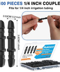 1/4 Inch Quick Connect Drip Irrigation Couplers Kit Dope 100 Black Barbed Connectors shown in packaging and hand demonstration