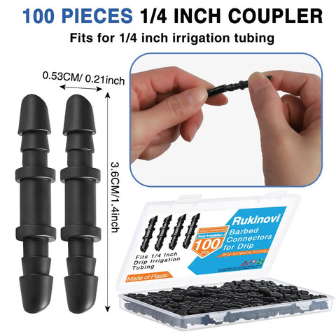 1/4 Inch Quick Connect Drip Irrigation Couplers Kit Dope 100 Black Barbed Connectors shown in packaging and hand demonstration