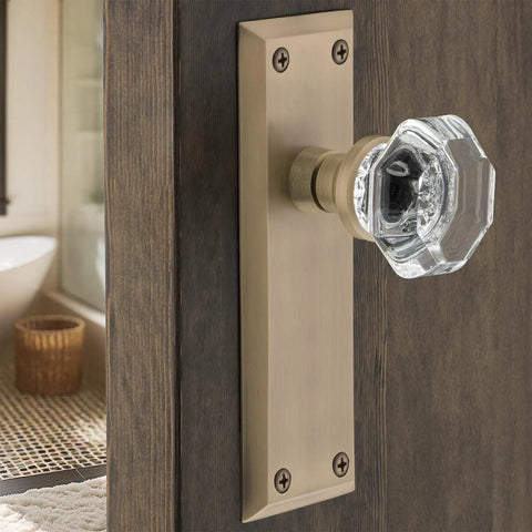 Crystal Door Knob With Long Back Plate Set, New York Waldorf Style Vintage Hardware For Homes, Elegant Glass Knob With Durable Finish, Timeless Charm And Classic Look, No Fuss To Install