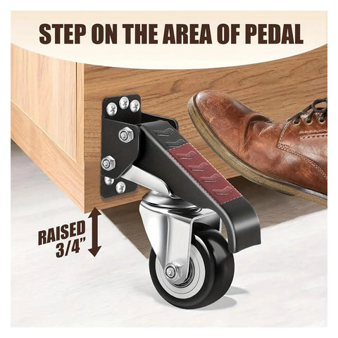 Person using foot pedal to engage Super Tough Heavy Duty Workbench Caster Wheels Set Of Four With Two Point Five Inch Retractable Side Mount.