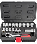Pass Through Socket Set 3 8 And 1 2 Inch Drive Standard Ratchet Heavy Duty Mechanics Tool Kit in portable case with sockets.