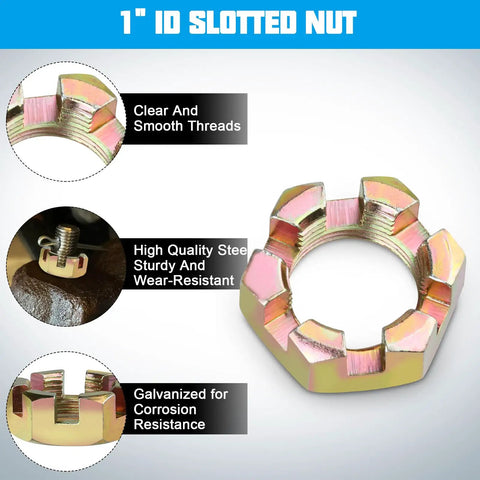 Two Sets Of Galvanized 1 Inch Spindle Castle Nut Kit With Washers And 2.3 Inch Cotter Pins For 1 Inch Trailer Axle EZ Lube Compatible Boat And Utility Trailers featuring a 1-inch ID slotted nut, highlighting clear threads and corrosion resistance.