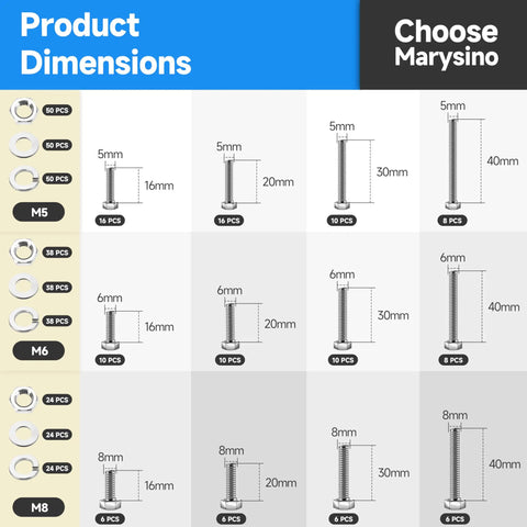 Product dimensions chart showing Badass Heavy Duty Metric Nuts And Bolts Assortment Kit 304 Stainless Steel M5 M6 M8 sizes and specifications.
