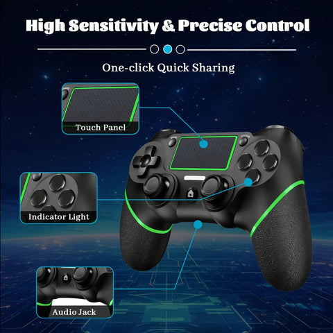 Wireless PS4 Controller For PS4 Slim Pro And Windows PC With Touchpad Vibration Built In Speaker Three Point Five Millimeter Headphone Jack Six Axis Motion USB C Charging Cable Black Green