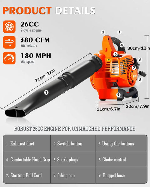 Beast Power Handheld Gas Leaf Blower With 26cc Two Cycle Engine Delivers 180 MPH Air And 380 CFM For Fast Yard Cleanup