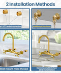 Antique Brass Wall Mount Kitchen Faucet With 8 Inch Center, 360 Degree Swivel Spout, Installation Methods Shown