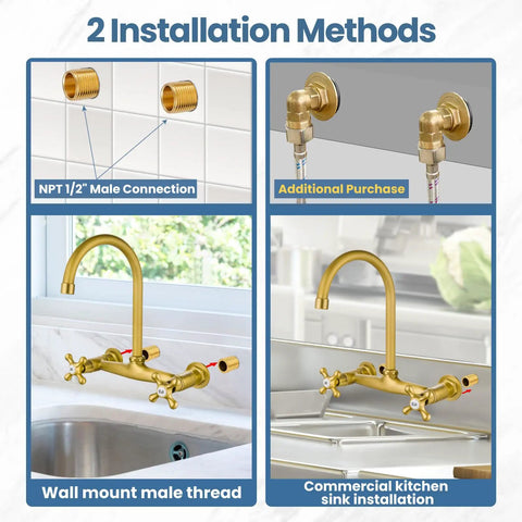 Antique Brass Wall Mount Kitchen Faucet With 8 Inch Center, 360 Degree Swivel Spout, Installation Methods Shown