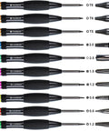 Close-up of precision screwdrivers from 24 Piece Pry Tool And Screwdriver Kit For Easy Screen Replacement And Battery Repair On iPhone 17 16 15 14 13 12 11 Pro Max Plus X XR XS 8 7 6 Plus iPad Pro Air Mini iPad iPod PC Laptop Tablet And More.