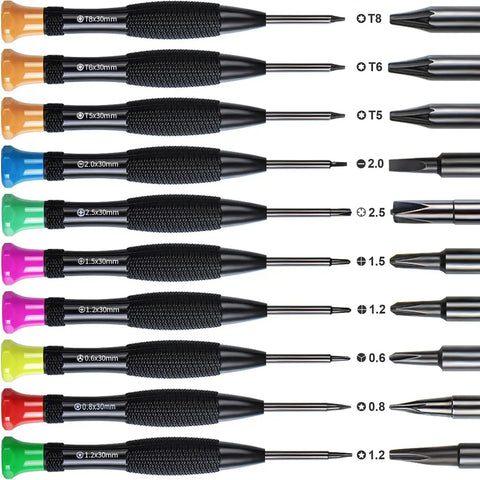 Close-up of precision screwdrivers from 24 Piece Pry Tool And Screwdriver Kit For Easy Screen Replacement And Battery Repair On iPhone 17 16 15 14 13 12 11 Pro Max Plus X XR XS 8 7 6 Plus iPad Pro Air Mini iPad iPod PC Laptop Tablet And More.