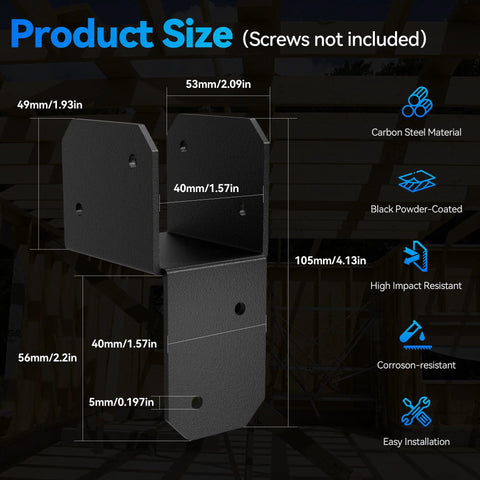 Diagram of Eight Piece Black Joist Anchor Connectors dimensions and features; carbon steel, black powder-coated, for 2x4 lumber.