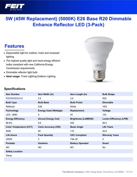R20 LED Light Bulb 45W Equivalent Dimmable Daylight 5000K, 450 Lumens, technical specifications and features sheet