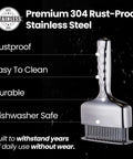 Meat tenderizer tool with extra-long stainless steel handle and ribbed blade head
