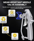 Close-up of the Top Shelf Airless Paint Spray Gun With Reversible 517 Nozzle Tip showing wear-resistant needle valve assembly.