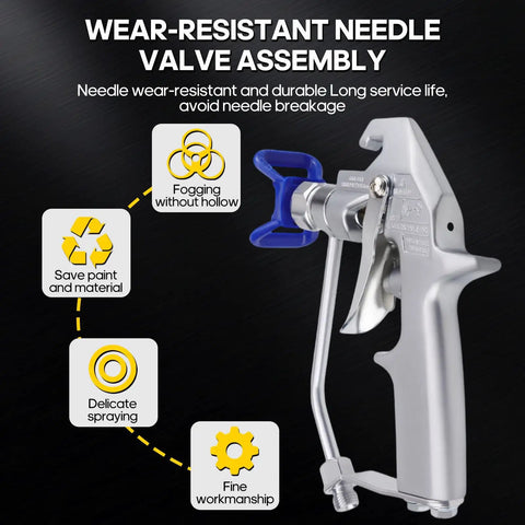 Close-up of the Top Shelf Airless Paint Spray Gun With Reversible 517 Nozzle Tip showing wear-resistant needle valve assembly.