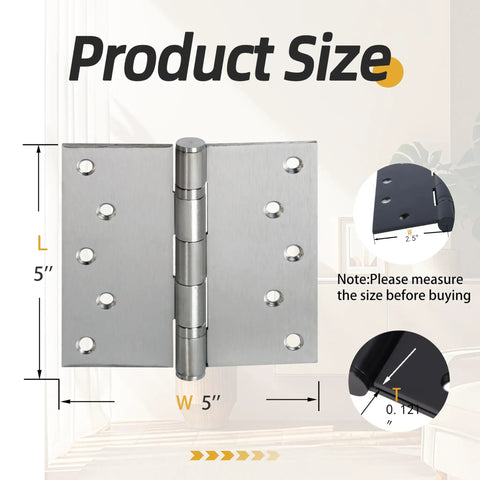 Heavy Duty Stainless Steel Ball Bearing Door Hinges Rock Solid 5 Inch Square Corner Design showing measurements 5x5 inches.