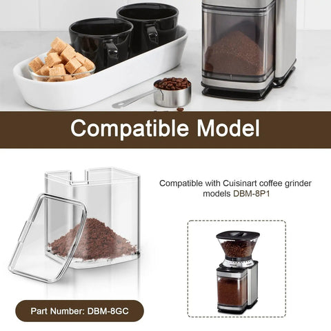 Drop-In Grind Chamber With Lid Replacement For Burr Coffee Grinder Model DBM-8P1, Fits Part DBM-8GC, shown with coffee grounds