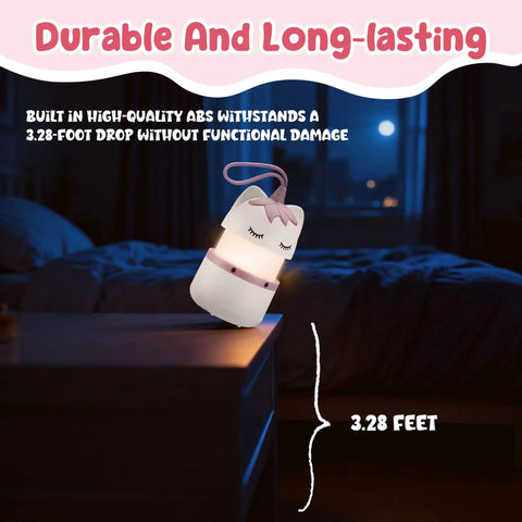 Two Pack Unicorn Themed Kids Camping Lanterns With RGB Multicolor Lights Battery Powered With Handy Lanyard on bedside
