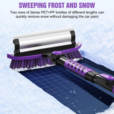 Close-up of 5 In 1 Ice Scraper And Extendable Snow Brush For Car Windshield With 47 Inch Reach showing dense bristles on brush head.