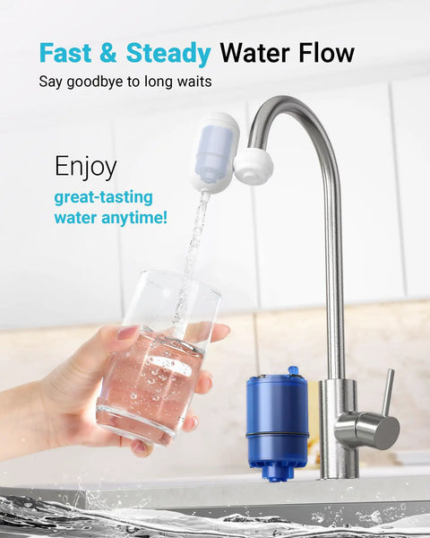 Running faucet with filter, glass of water being filled, Faucet Filter Replacement For PUR Plus Water Filtration, RF-9999 Compatible