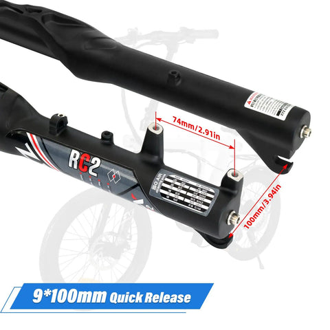Close-up of 20 Inch Mountain Bike Front Suspension Air Fork With 120 To 140 Millimeter Travel 100 Millimeter Hub Spacing One And One Eighth Inch Straight Steerer Manual Lockout Quick Release Fits Up To Two And A Half Inch Tires Black