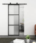 Frosted Glass Barn Door 30In By 84In With Top Mounted Hardware Kit Soft Close Black Carbon Steel Frame Tempered Glass Sliding Door