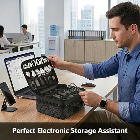 Grab And Go Cable Organizer Bag For Road Trips And Urban Travel Double Layer Electronics Storage Pouch with cables in office setting.