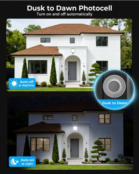 House showing 2 Pack 150W LED Parking Lot Light With Dusk To Dawn 21000 Lumens IP66 Waterproof Outdoor Flood Light for nighttime and daytime use.