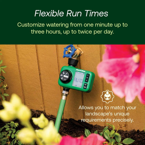 Electronic Digital Hose End Timer Battery Powered Three Quarter Inch Hose Thread Heavy Duty Brass Inlet Dual Outlets in garden setup