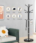 Metal Coat Rack Freestanding With Natural Marble Base, Dope Modern Black Coat Tree Stand With 12 Hooks for Entryway